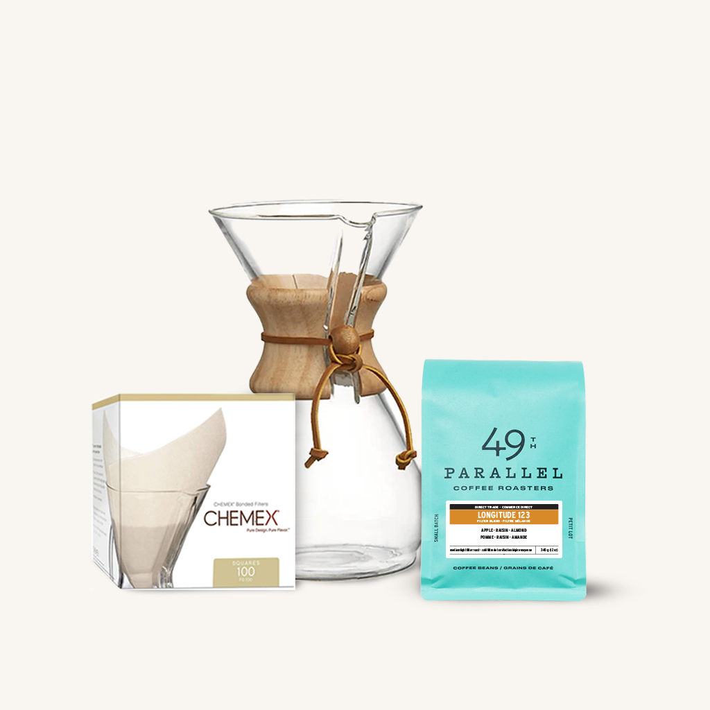 49th Parallel Coffee Roasters - Direct Trade Specialty Coffee - 49th Brew and Pour Kit with CHEMEX Classic and Longitude Filter Coffee