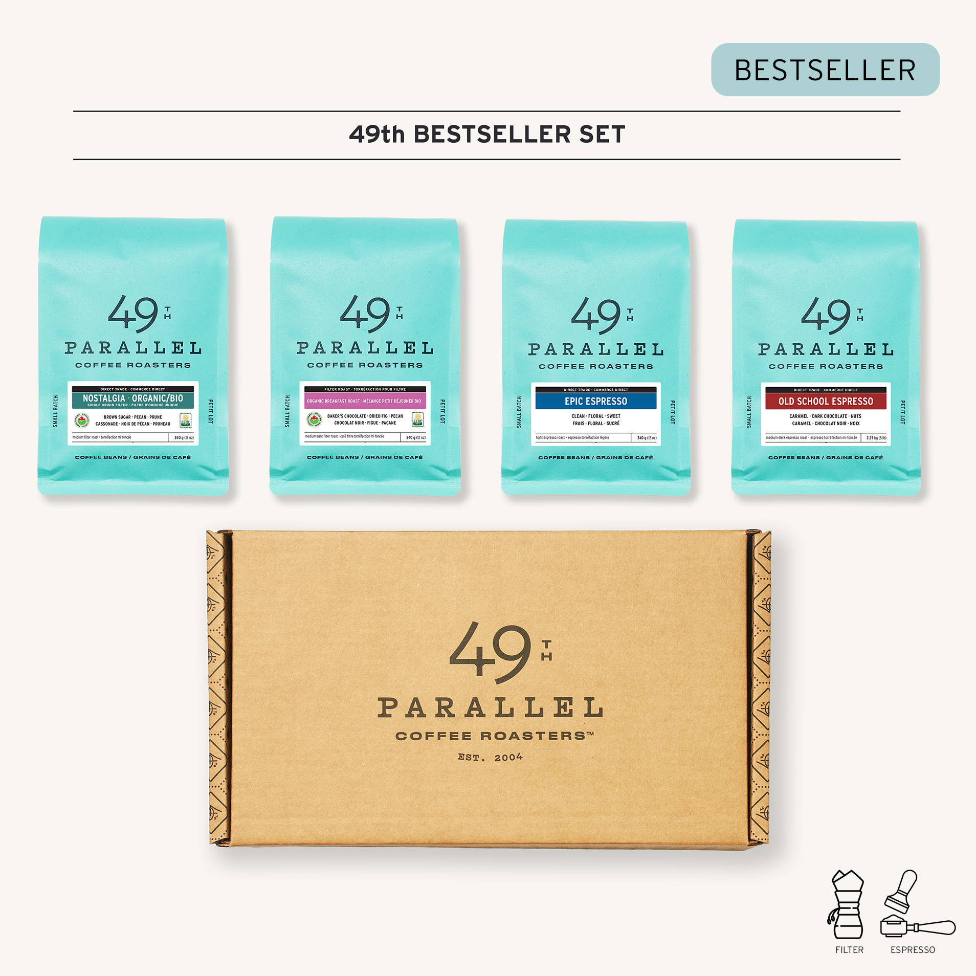 49th Parallel Coffee Roasters - 49th Bestseller Set comprenant Nostalgia Organic, Organic breakfast Roast, Epic Espresso, et Old School Espresso