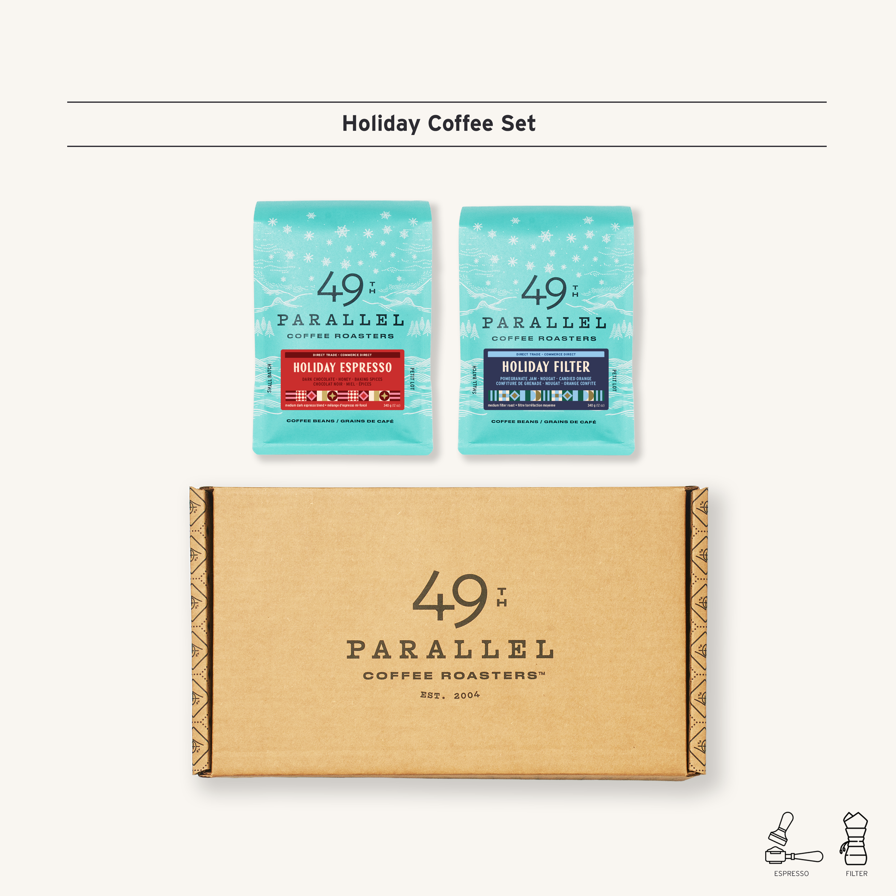 49th Parallel Coffee Roasters - Direct Trade Specialty Coffee - Holiday Coffee Set including holiday Espresso Roast and Holiday Filter Roast